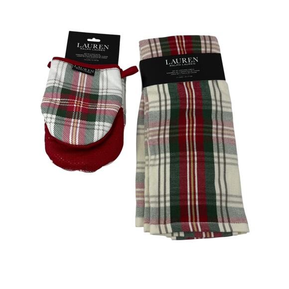 NWT Lauren Ralph Lauren Holiday Plaid Kitchen Set Mini Mitt & 2 Towels Christmas - Picture 2 of 10